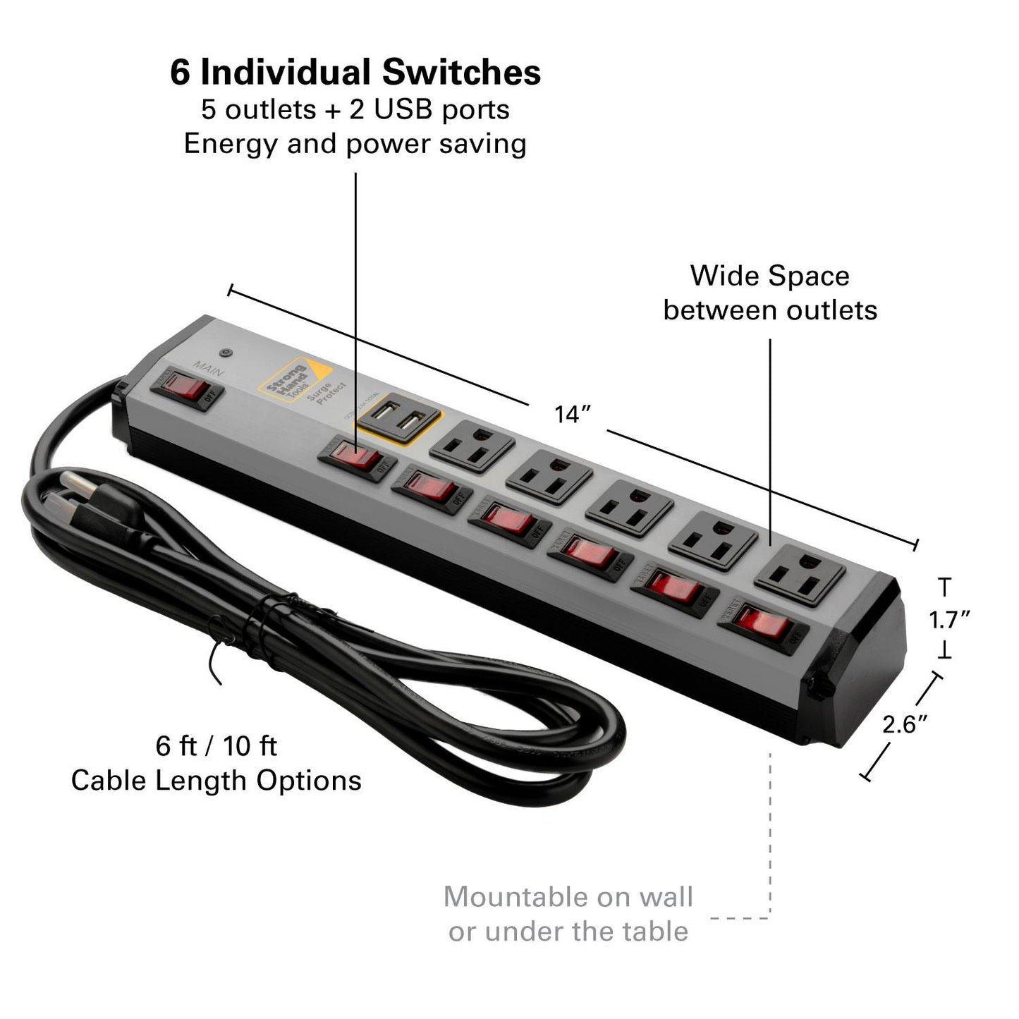 Surge Protector Power Strip w/ USB Port, Metal Case, 10' Cable